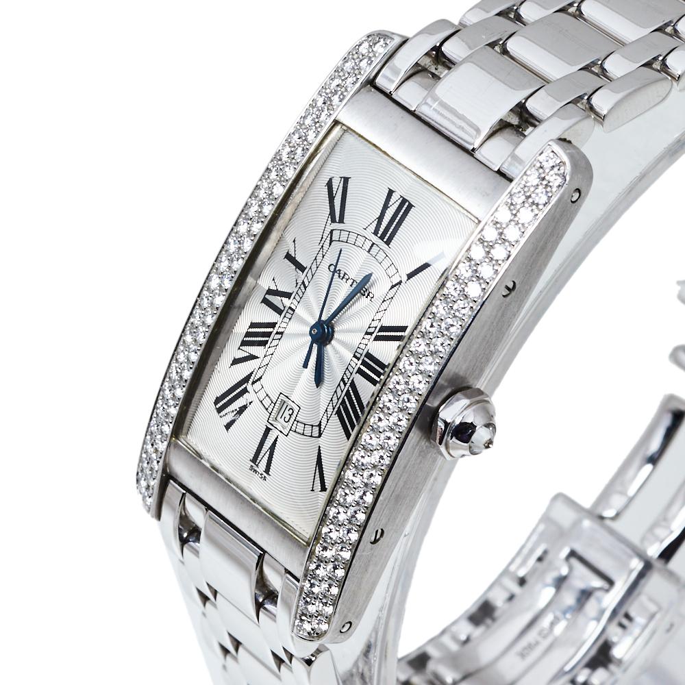 Cartier White Diamonds 18K White Gold Tank Americaine Wristwatch 22 x 41 MM In Good Condition In Dubai, Al Qouz 2