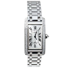 Cartier White Diamonds 18K White Gold Tank Americaine Wristwatch 22 x 41 MM