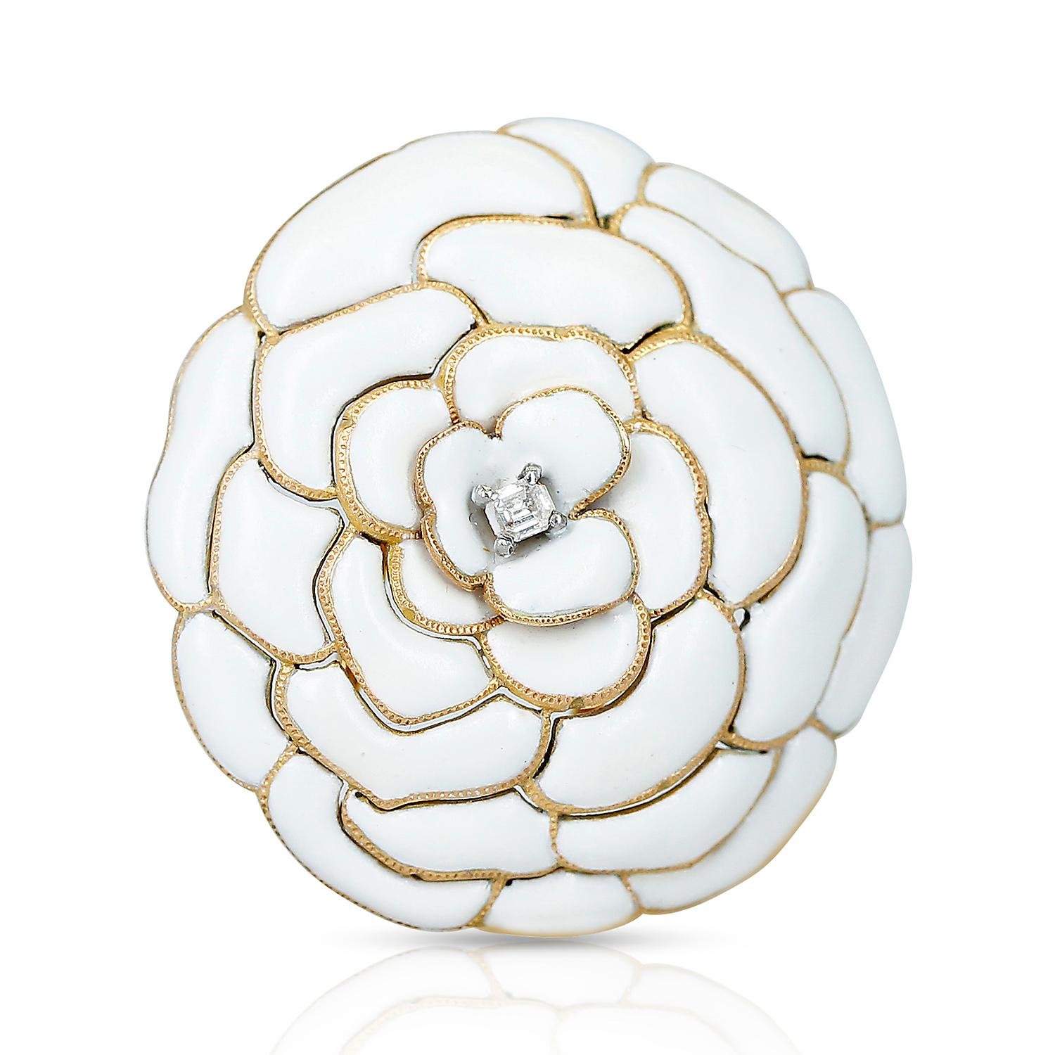 Round Cut Cartier White Enamel and Diamond Floral Layer Brooch For Sale