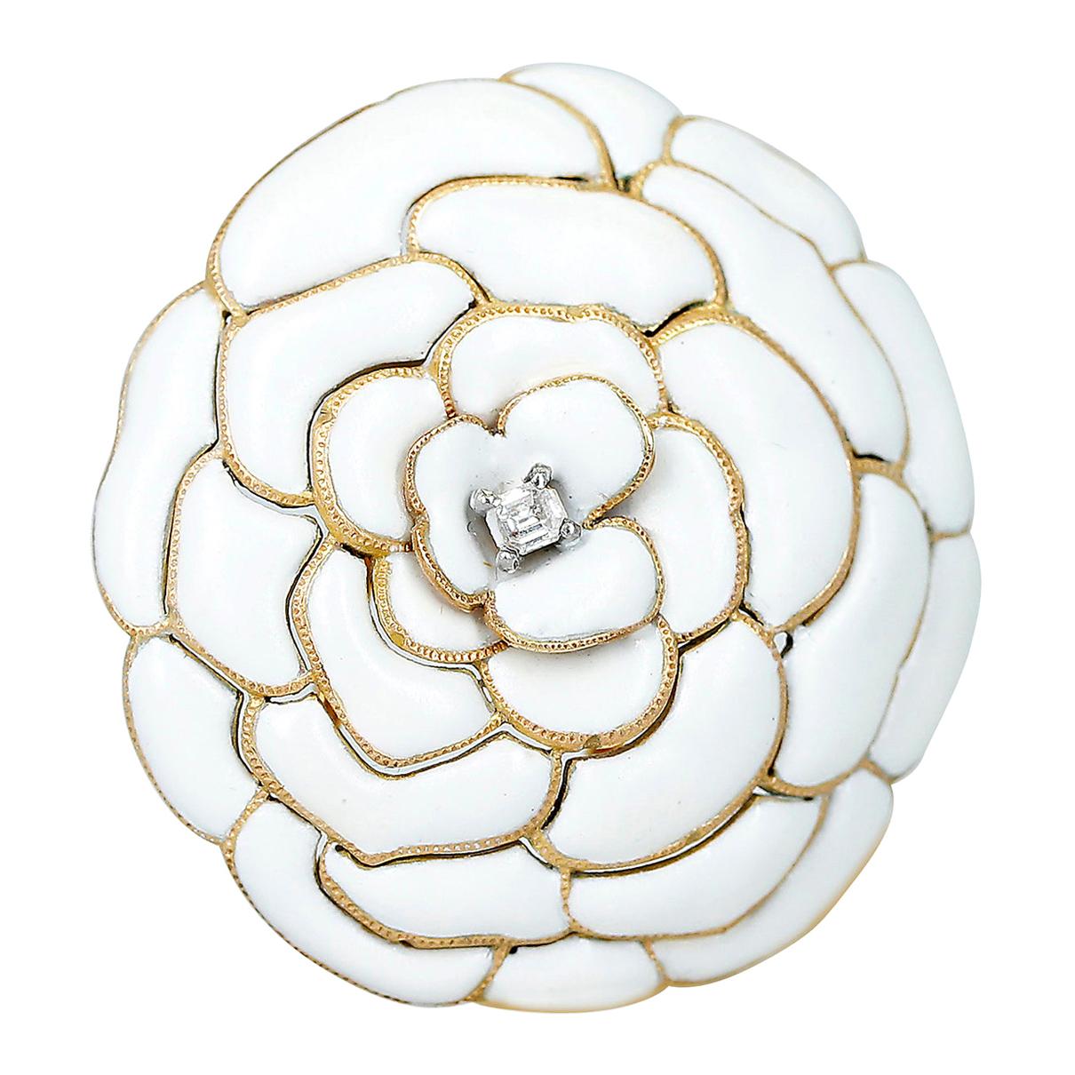 Cartier White Enamel and Diamond Floral Layer Brooch For Sale