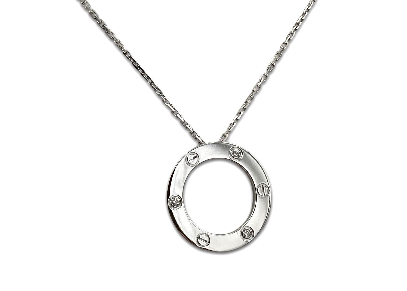 Authentic chain and ring charm necklace from the Cartier Love collection. Made in 18 karat white gold and oval link chain with a half-inch round ring and screw top motifs set with 3 round brilliant cut diamonds (F color, VS clarity) of approximately