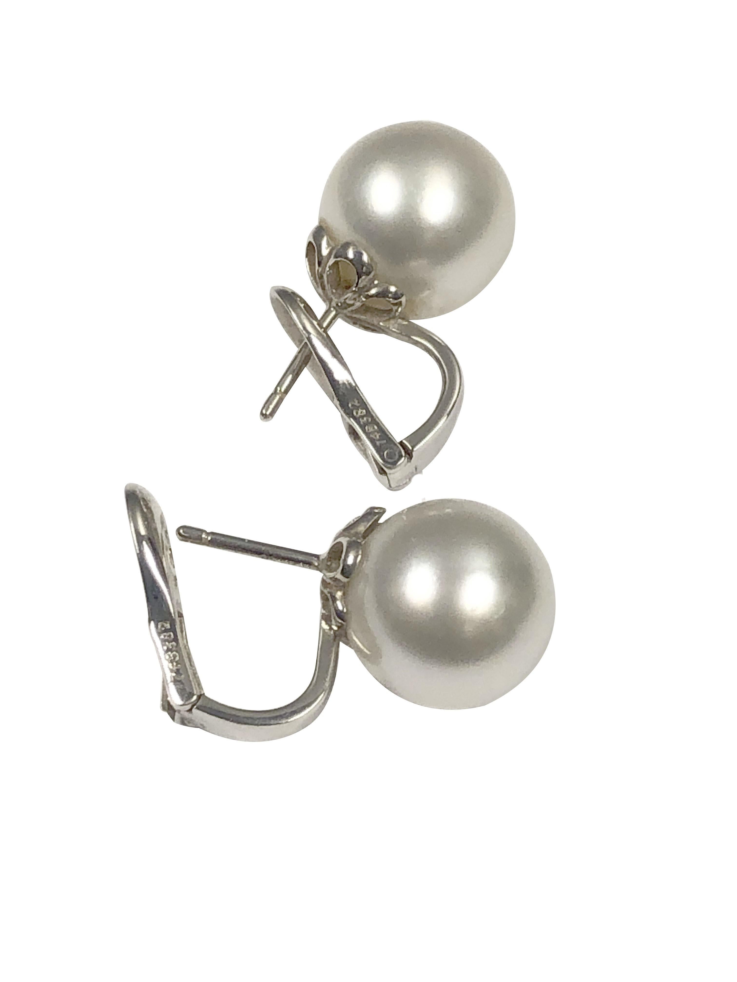 Round Cut Cartier White Gold and Pearl Earrings For Sale