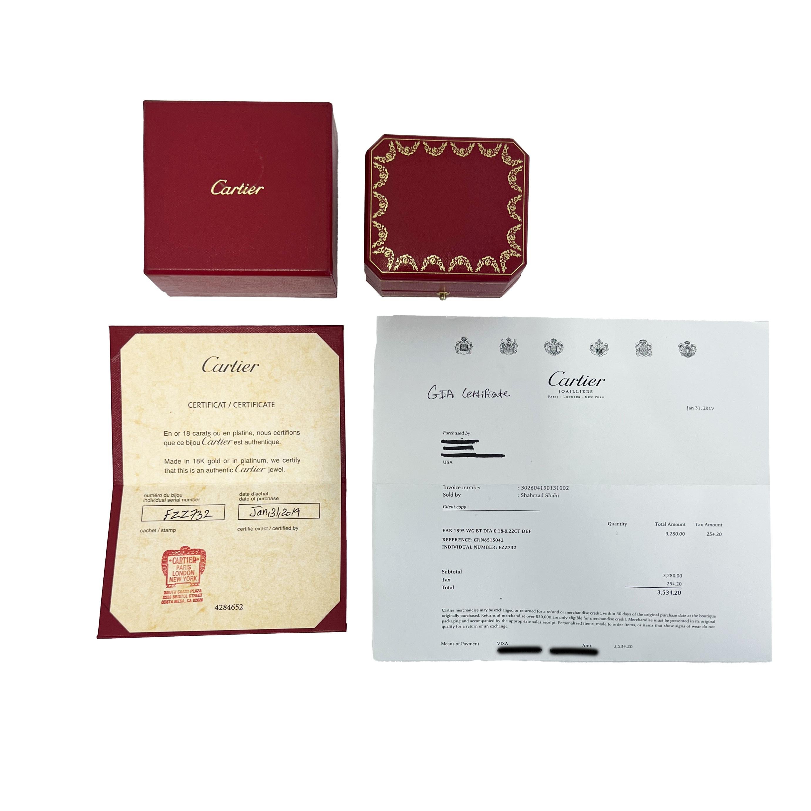 Orecchini Cartier in oro bianco con diamanti 1895 In condizioni ottime in vendita a New York, NY