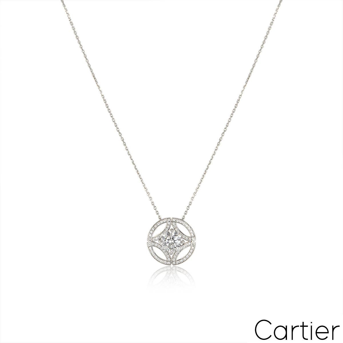 A stunning 18k white gold pendant by Cartier from the Galanterie de Cartier collection N7424173 . The pendant is set to the centre in a 4 claw mount with a round brilliant cut diamond weighing 1.55ct, E colour and VS2 clarity. The pendant is further