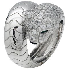 Cartier White Gold Diamond Lakarda Panthere with Emerald Eyes Ring