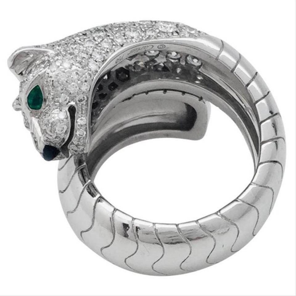 Women's Cartier White Gold Diamond Lakarda Panthere with Emerald Eyes Ring