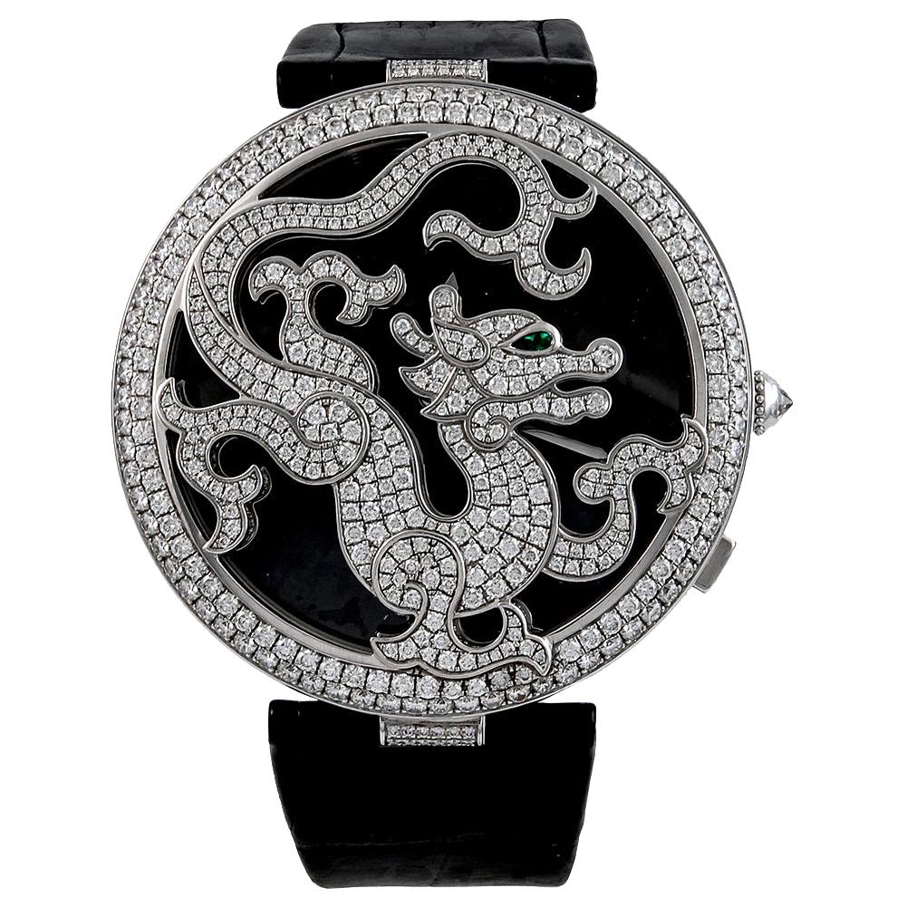 Cartier Diamond White Gold Ltd Ed Pasha De Cartier Skeleton Dragon Wristwatch
