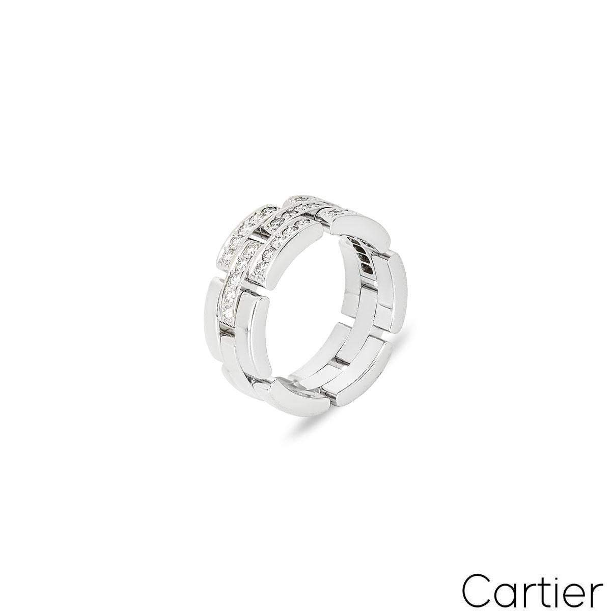 A stunning diamond set Maillon Panthere ring from the Links and Chains collection by Cartier. The ring comprises of 18 open brickwork design panels, 7 panels are pave set with five round brilliant cut diamonds totalling 0.53ct, G colour and VS in