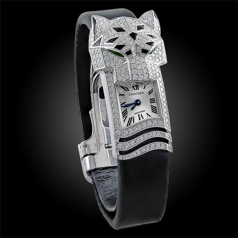 Cartier Weißgold Diamant Onyx Panther Secrete de Cartier Quarz-Armbanduhr (Rundschliff) im Angebot