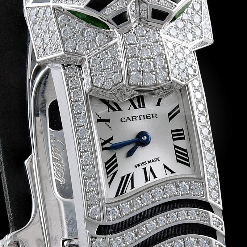 Cartier Weißgold Diamant Onyx Panther Secrete de Cartier Quarz-Armbanduhr im Zustand „Hervorragend“ im Angebot in New York, NY