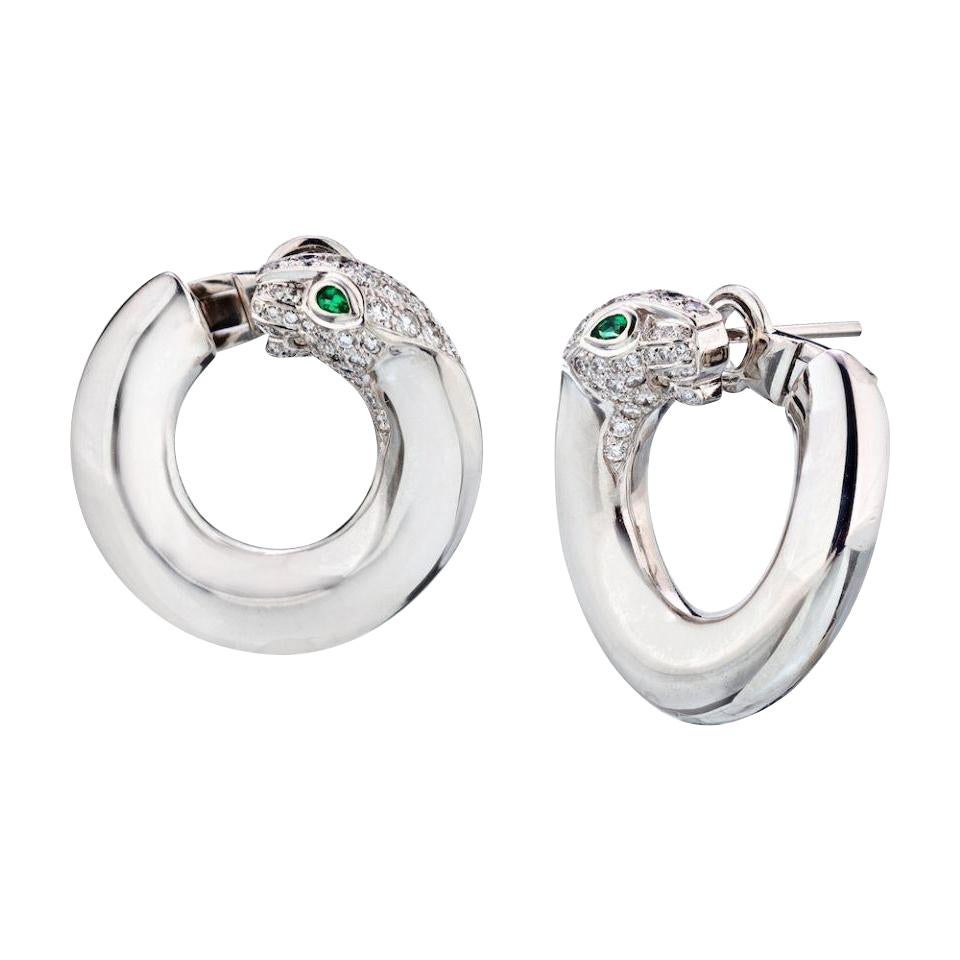 Cartier White Gold Diamond Panther Hoops with Emerald Eyes 18kw Earrings