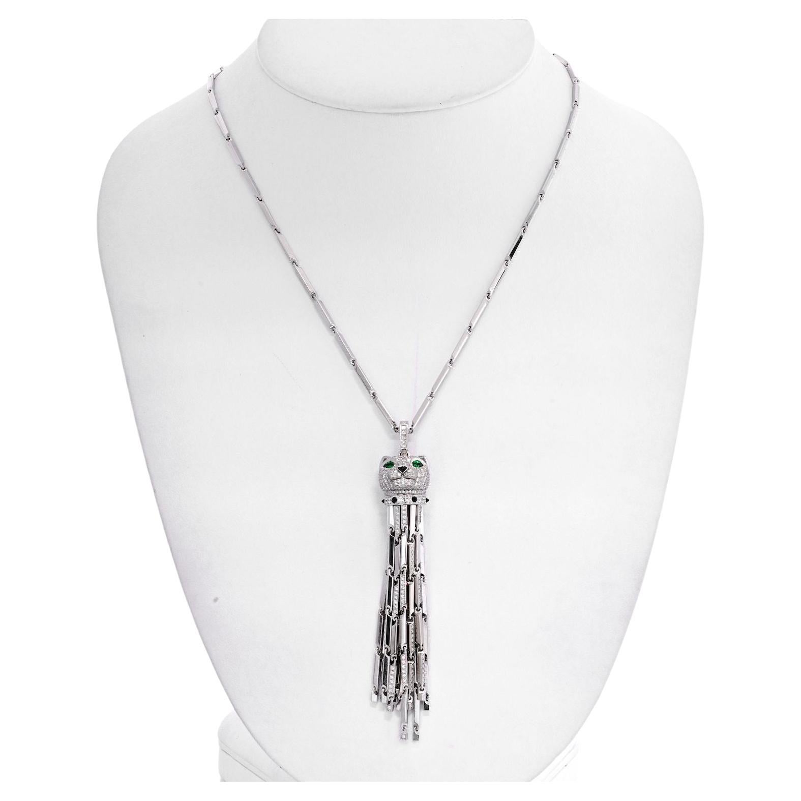 Cartier White Gold Diamond Panthere Tassel Pendant on a Cartier Chain Necklace For Sale
