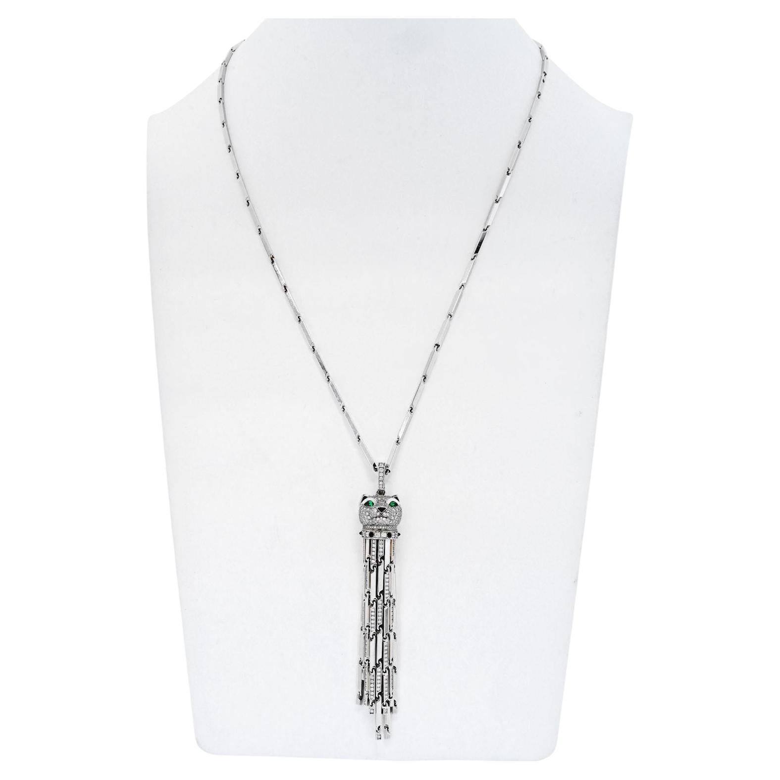 Cartier White Gold Diamond Panthere with Tassels on a Signature Chain Necklace For Sale