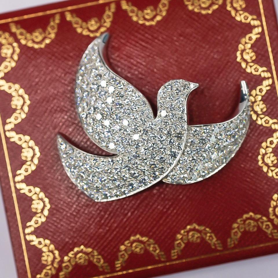 Women's or Men's Cartier White Gold Diamond Pave Dove Pin Brooch