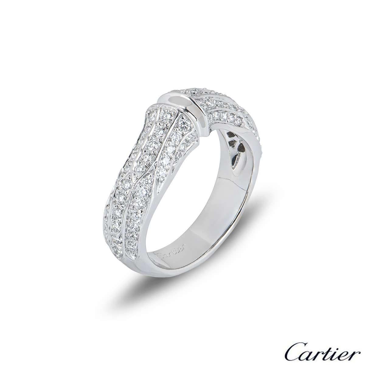 An 18k white gold diamond set ring from the Cartier Bamboo collection. The ring is set to the front with a bamboo design, pave set with round brilliant cut diamonds totalling approximately 0.82ct. The ring measures 6mm in width and features a