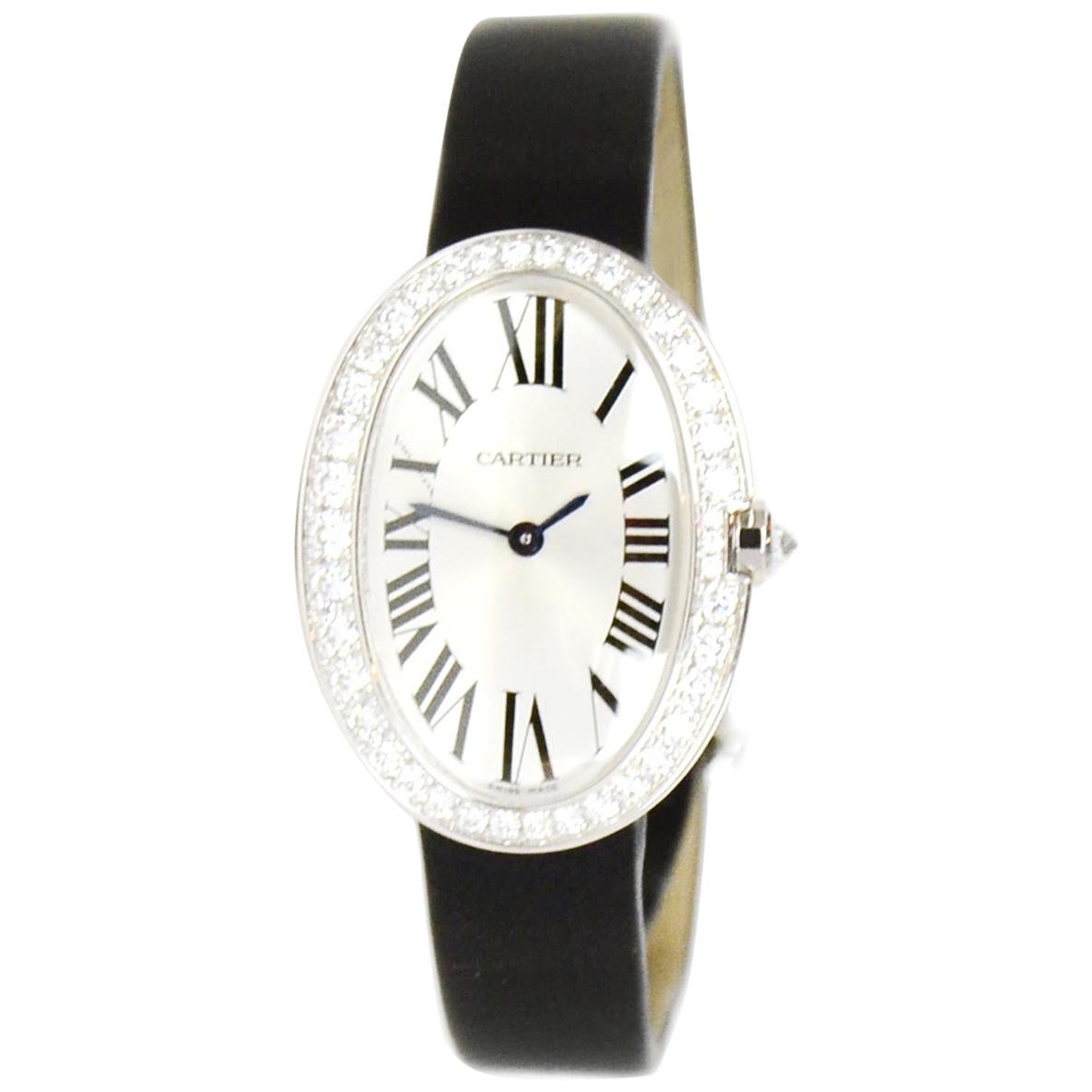 Cartier White Gold & Diamond Small Baignoire 24.5mm Watch w. Toile Brossée Strap