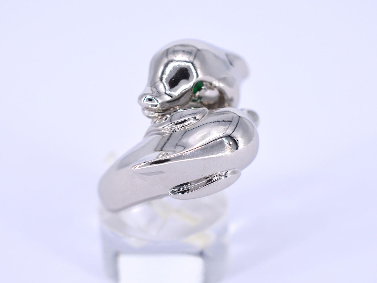 Round Cut Cartier - White Gold Dolphin Ring with Emerald Eyes