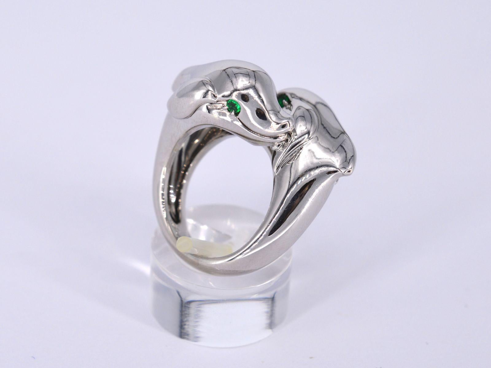 Women's or Men's Cartier - White Gold Dolphin Ring with Emerald Eyes