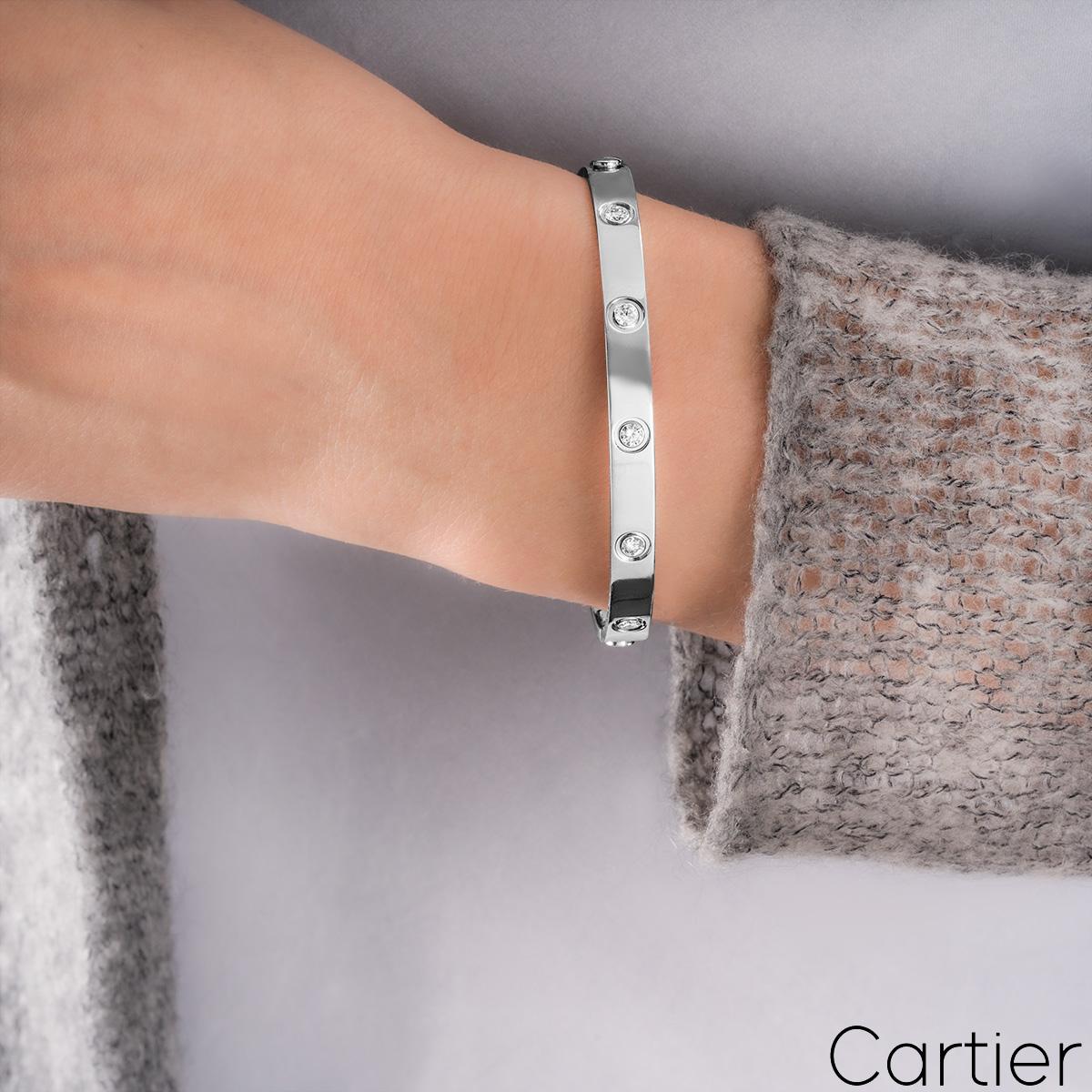 Round Cut Cartier White Gold Full Diamond Love Bracelet Size 17 B6040717 For Sale