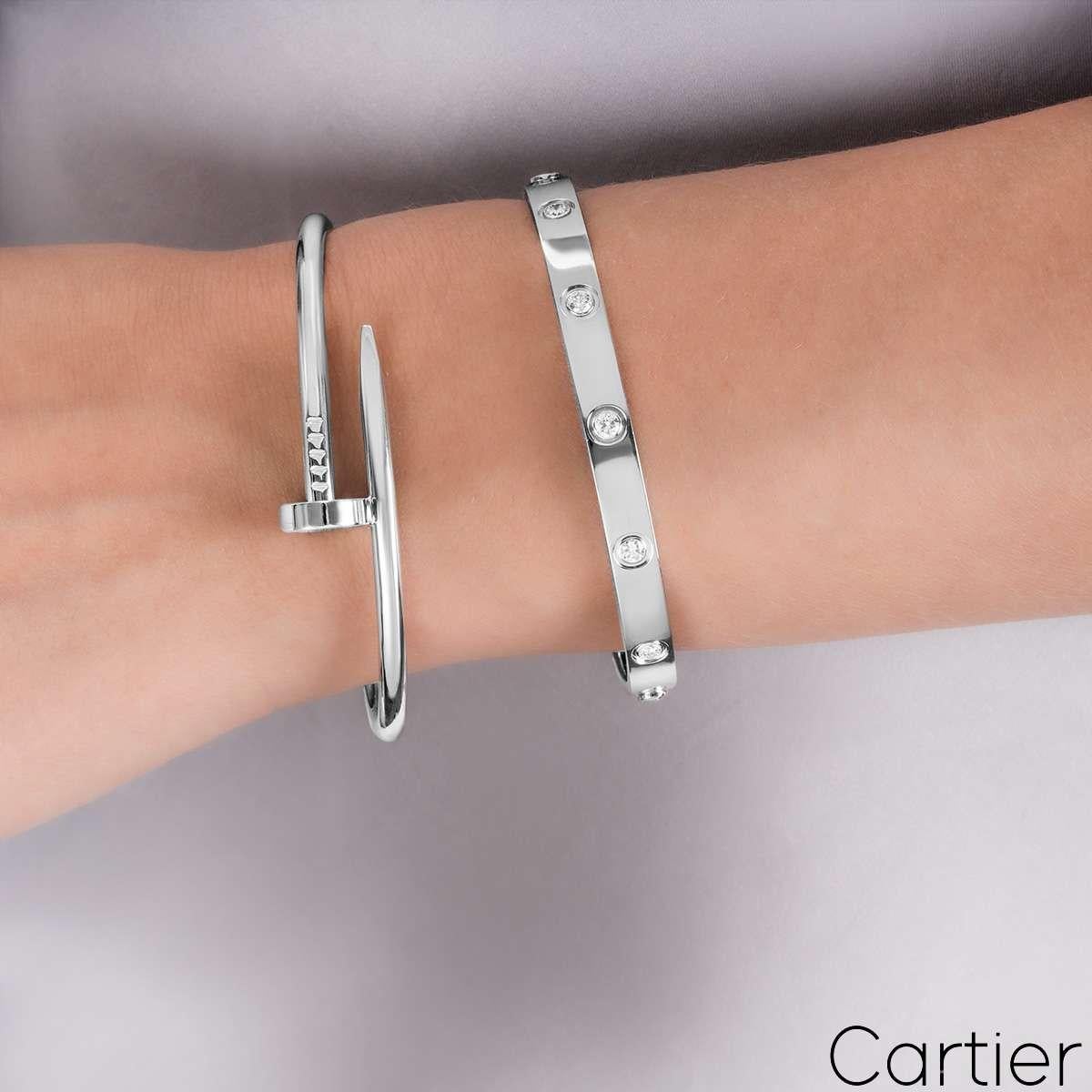 Round Cut Cartier White Gold Full Diamond Love Bracelet Size 17 B6040717 For Sale