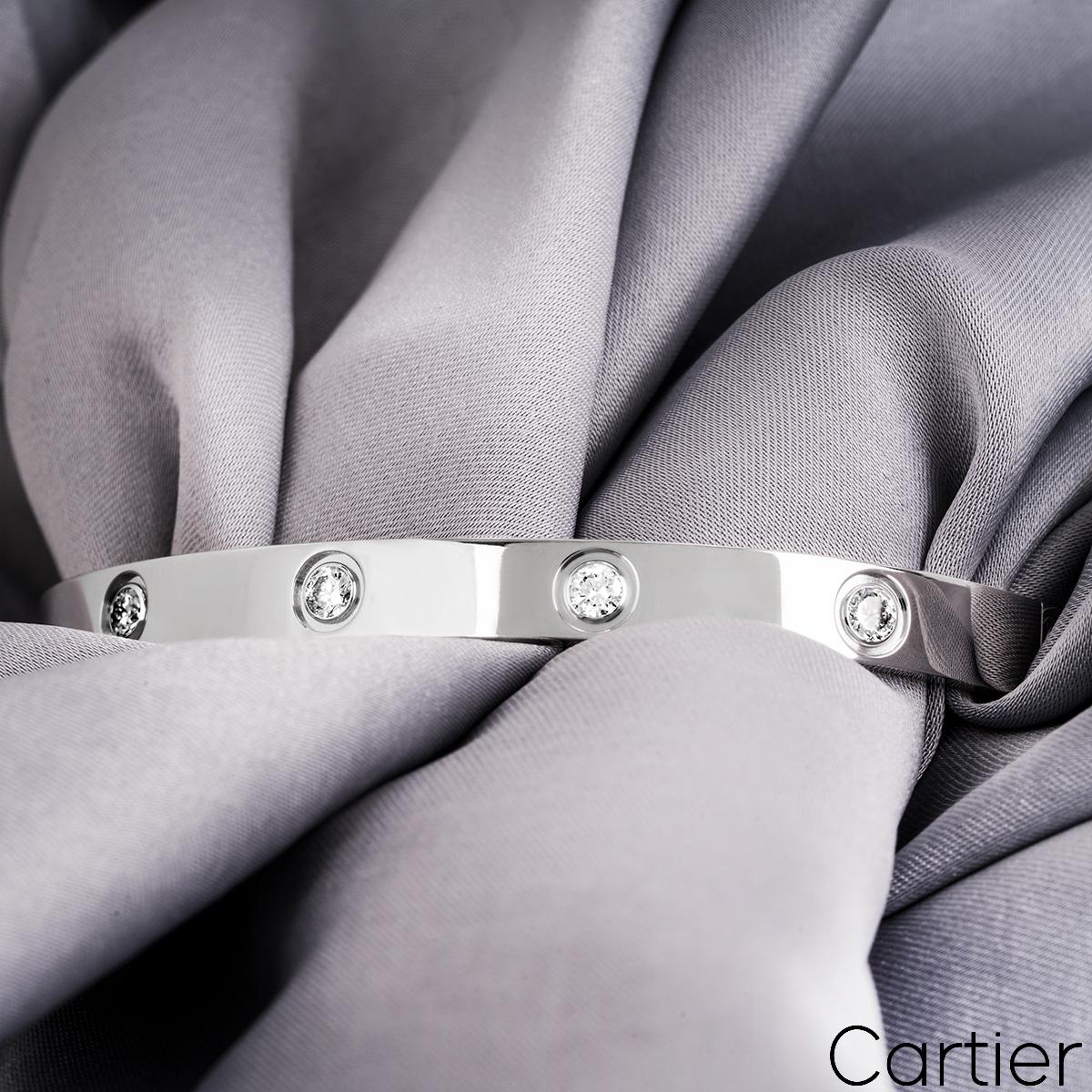 Women's or Men's Cartier White Gold Full Diamond Love Bracelet Size 17 B6040717 For Sale