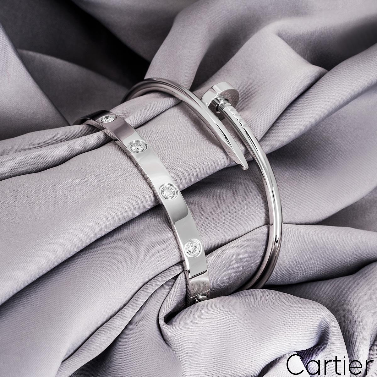 Round Cut Cartier White Gold Full Diamond Love Bracelet Size 18 B6040718 For Sale