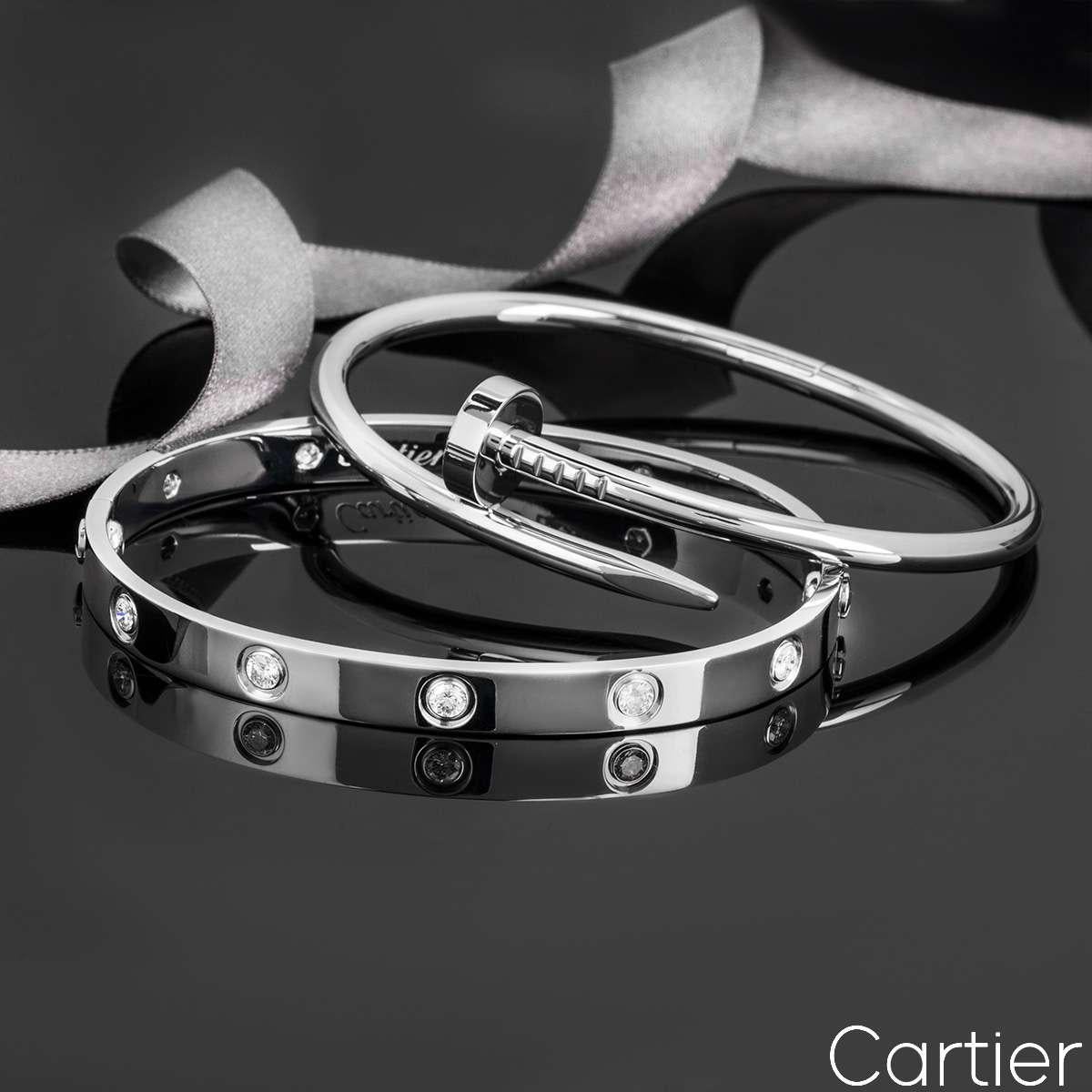Round Cut Cartier White Gold Full Diamond Love Bracelet Size 18 B6040718 For Sale