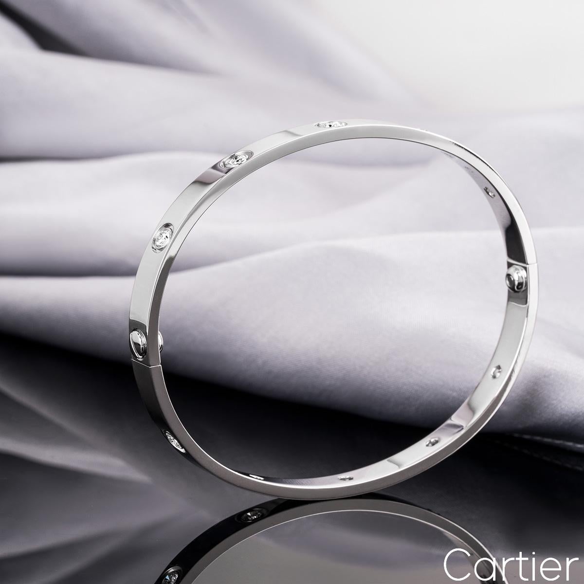 Round Cut Cartier White Gold Full Diamond Love Bracelet Size 19 B6040719 For Sale