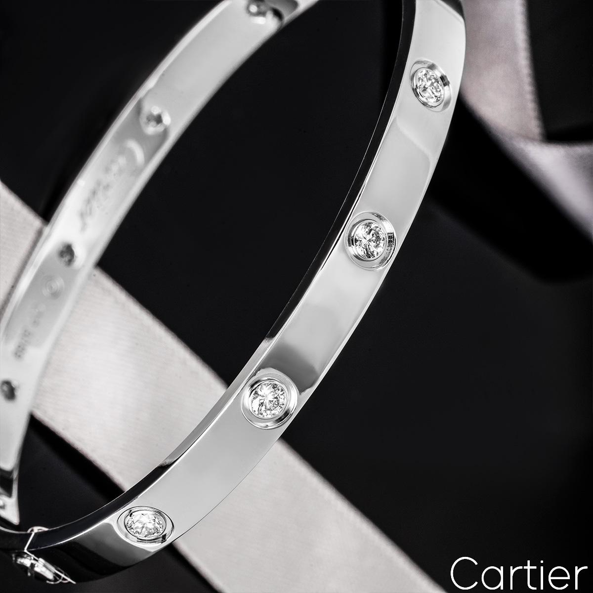 Women's Cartier White Gold Full Diamond Love Bracelet Size 20 B6040720 For Sale