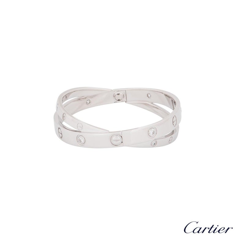 Cartier White Gold Half Diamond Double Love Bangle Bracelet For Sale at 1stdibs