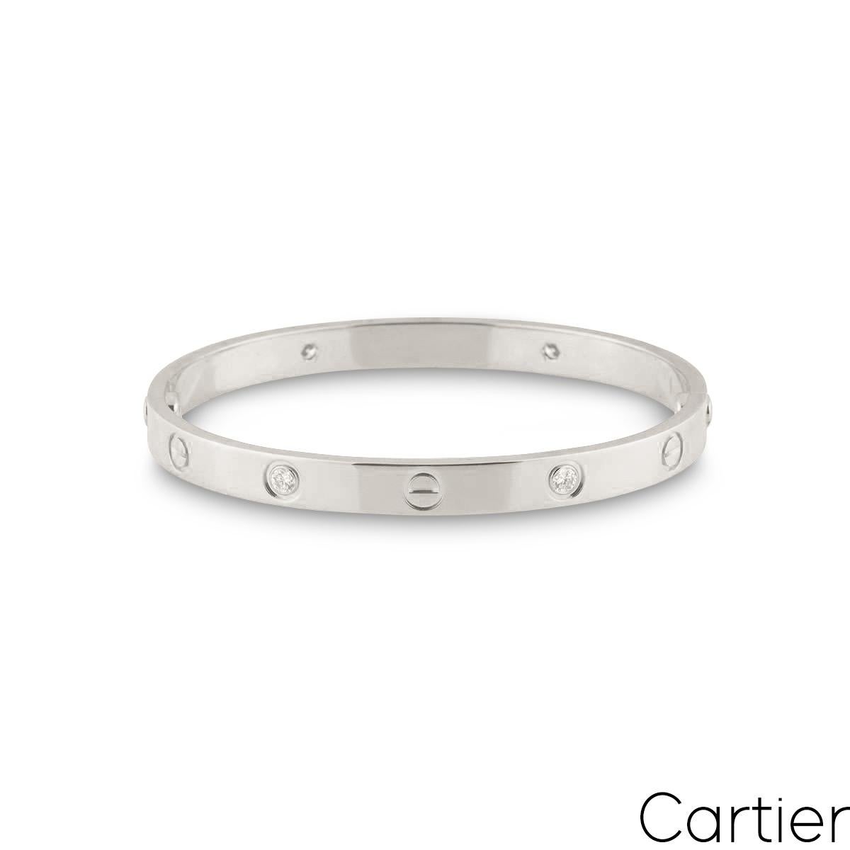 An 18k white gold Cartier diamond bracelet from the Love collection. The bracelet comprises of iconic screw motifs alternating with round brilliant cut diamonds. There are 4 round brilliant cut diamonds in a rubover setting. The bracelet is a size