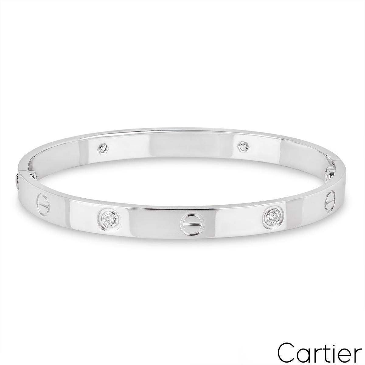 Round Cut Cartier White Gold Half Diamond Love Bracelet Size 18 B6035818 For Sale