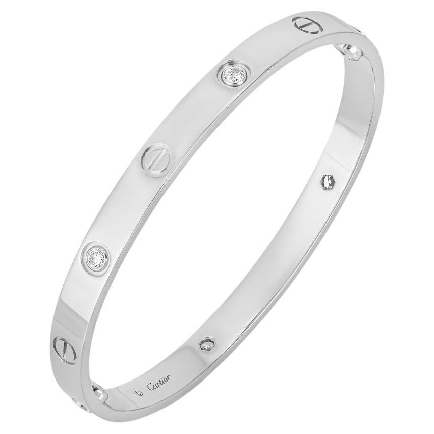 Cartier White Gold Half Diamond Love Bracelet Size 18 B6035818 For Sale