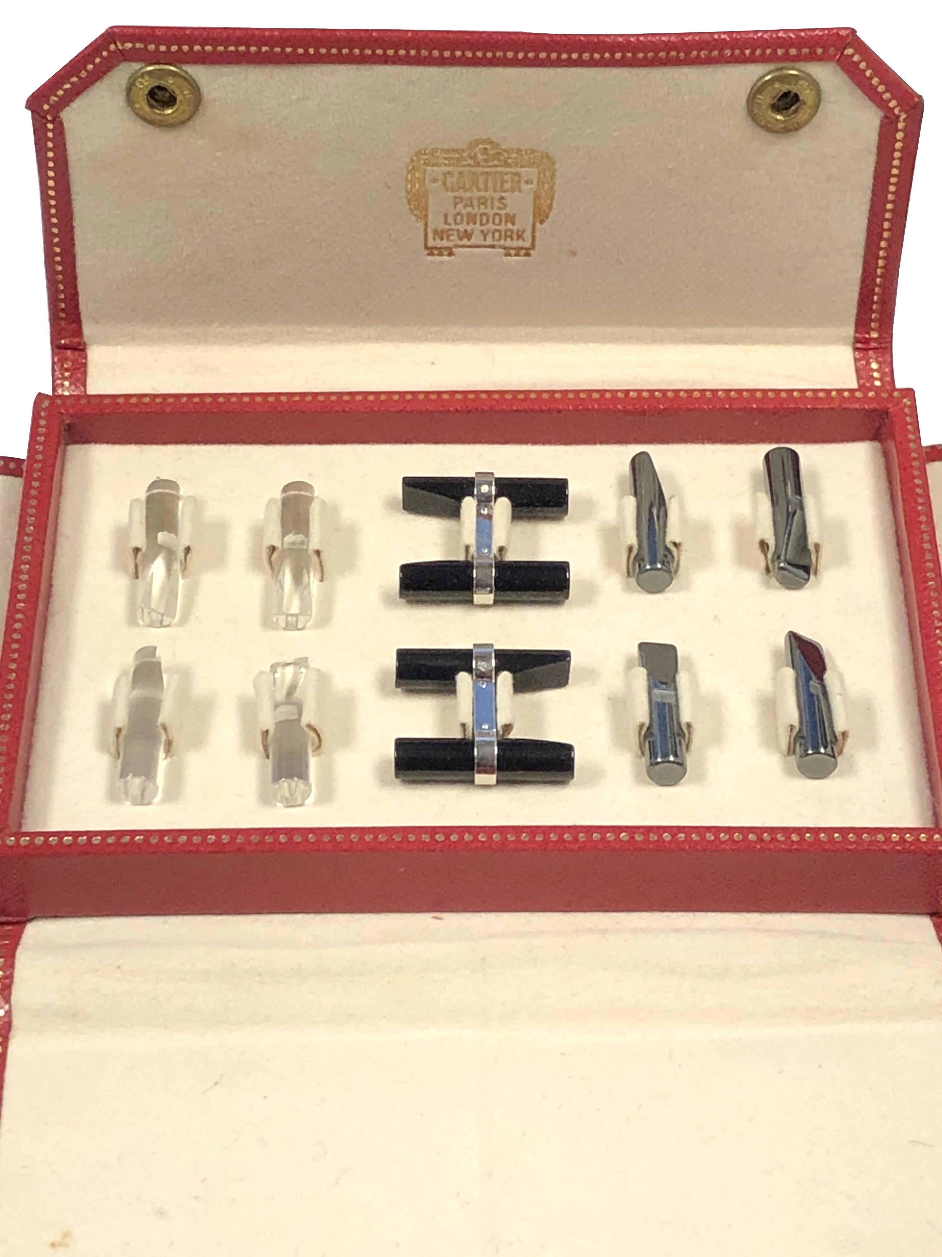 Cartier White Gold Interchangeable Onyx Hematite Rock Crystal Cufflink set For Sale 1