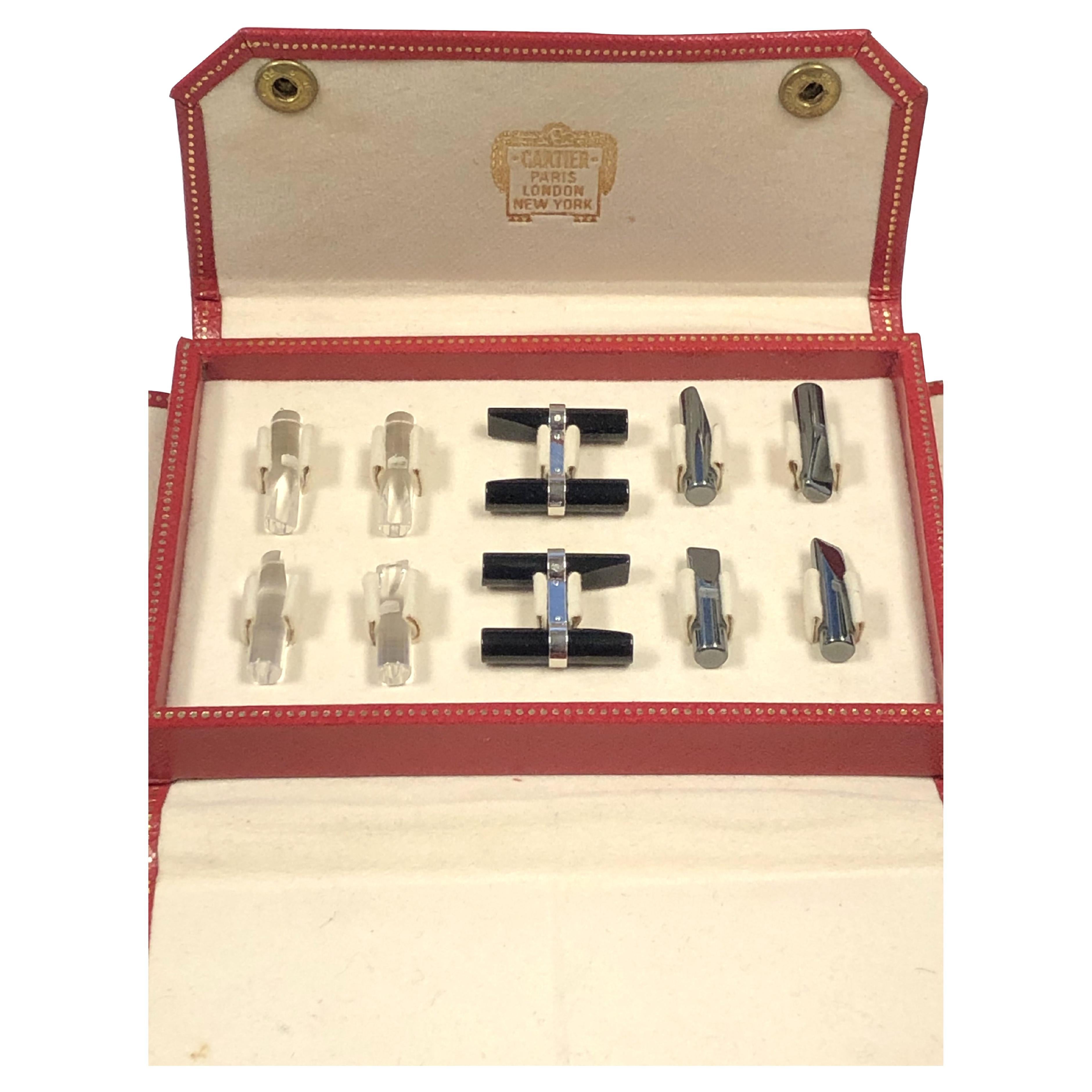 Cartier White Gold Interchangeable Onyx Hematite Rock Crystal Cufflink set For Sale