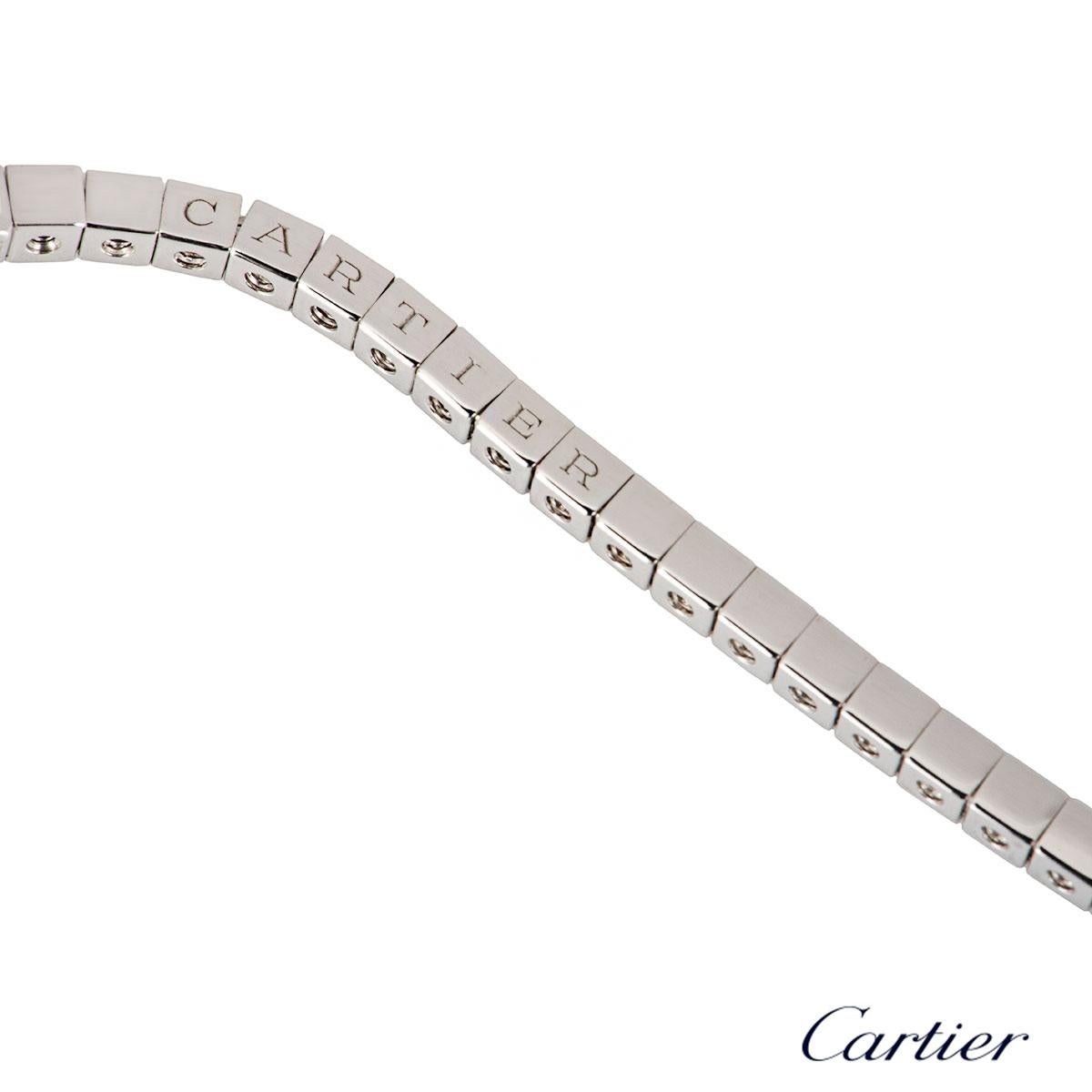 A beautiful 18k white gold bracelet by Cartier from the Lanières collection. The bracelet is comprised of 56 square flexi links. The bracelet will fit wrists up 15cm and has a tongue clasp with a figure of eight on the side for added security. The