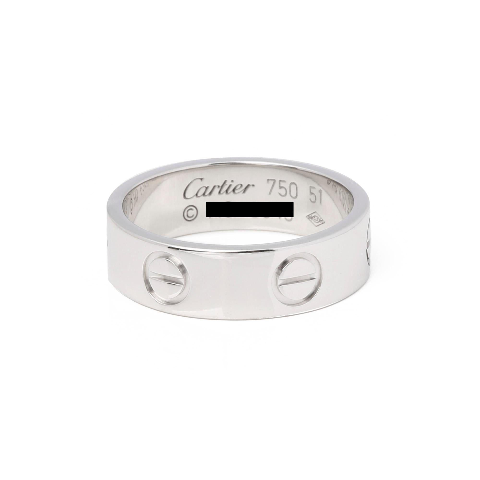 Cartier 18ct White Gold Love Band Ring

Brand Cartier
Model Love Band Ring
Product Type Ring
Serial Number HQ****
Material(s) 18ct White Gold
UK Ring Size L
EU Ring Size 51
US Ring Size 5 3/4
Resizing Possible No
Band Width 5.4mm
Total Weight