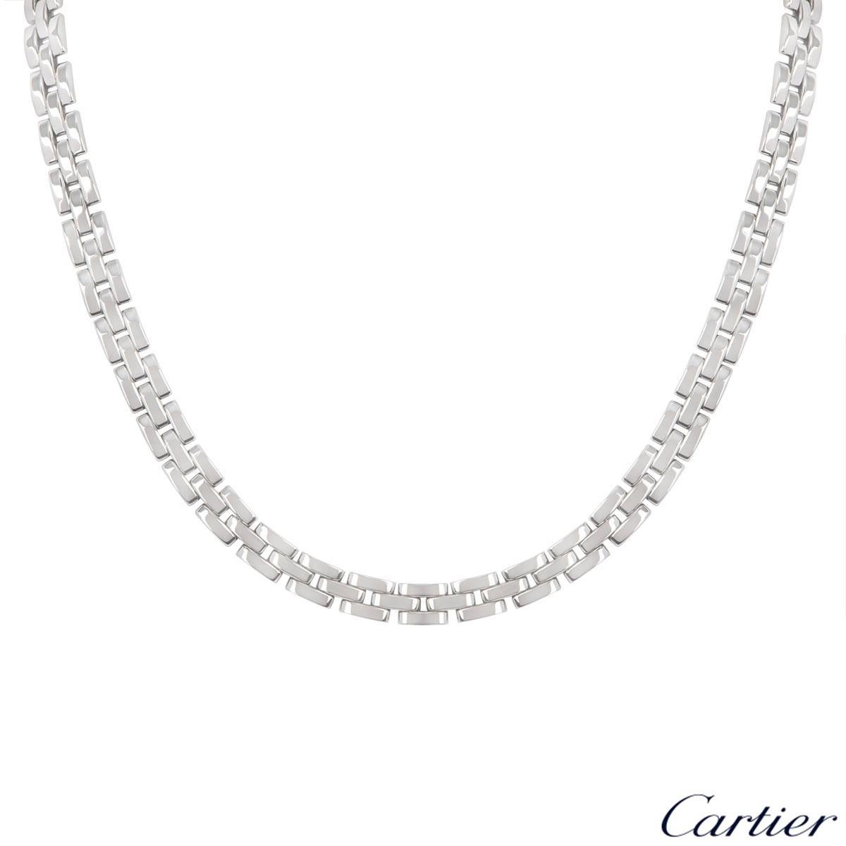 A stunning 18k white gold necklace by Cartier from the Maillon Panthere collection. The necklace comprises of the classic Cartier flat solid links in a 3 row brickwork design. The necklace measures 20.00 inches in length and features a box clasp