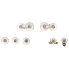 Cartier White Gold Moonstone and Natural Pearl Cufflink Dress Set, circa 1930