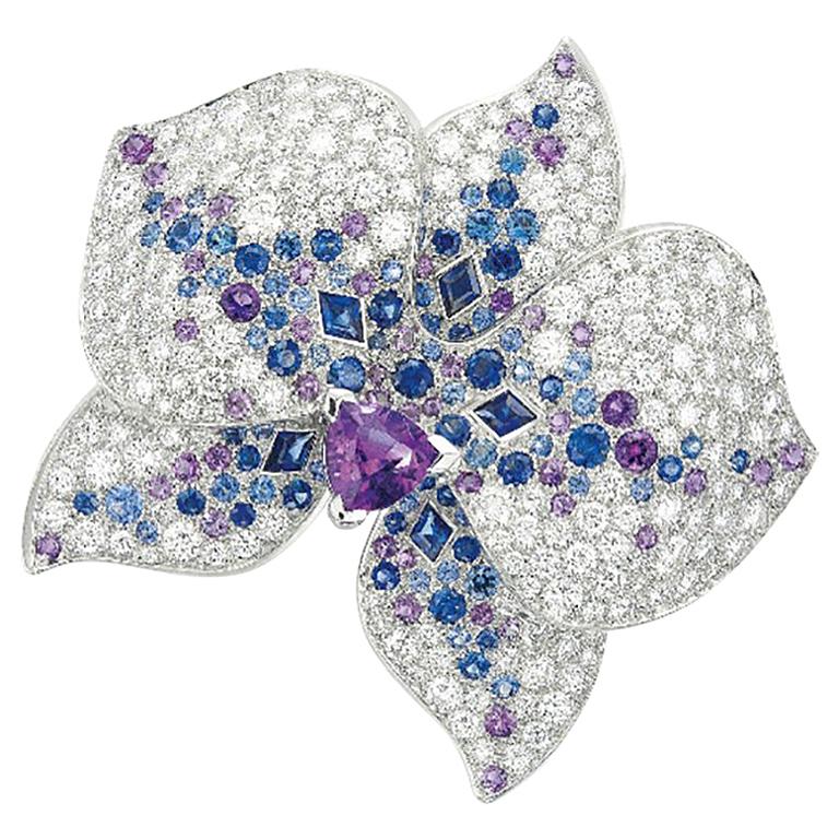 Cartier White Gold Orchard Flower Ring, Diamond, Sapphire, Amethyst For Sale