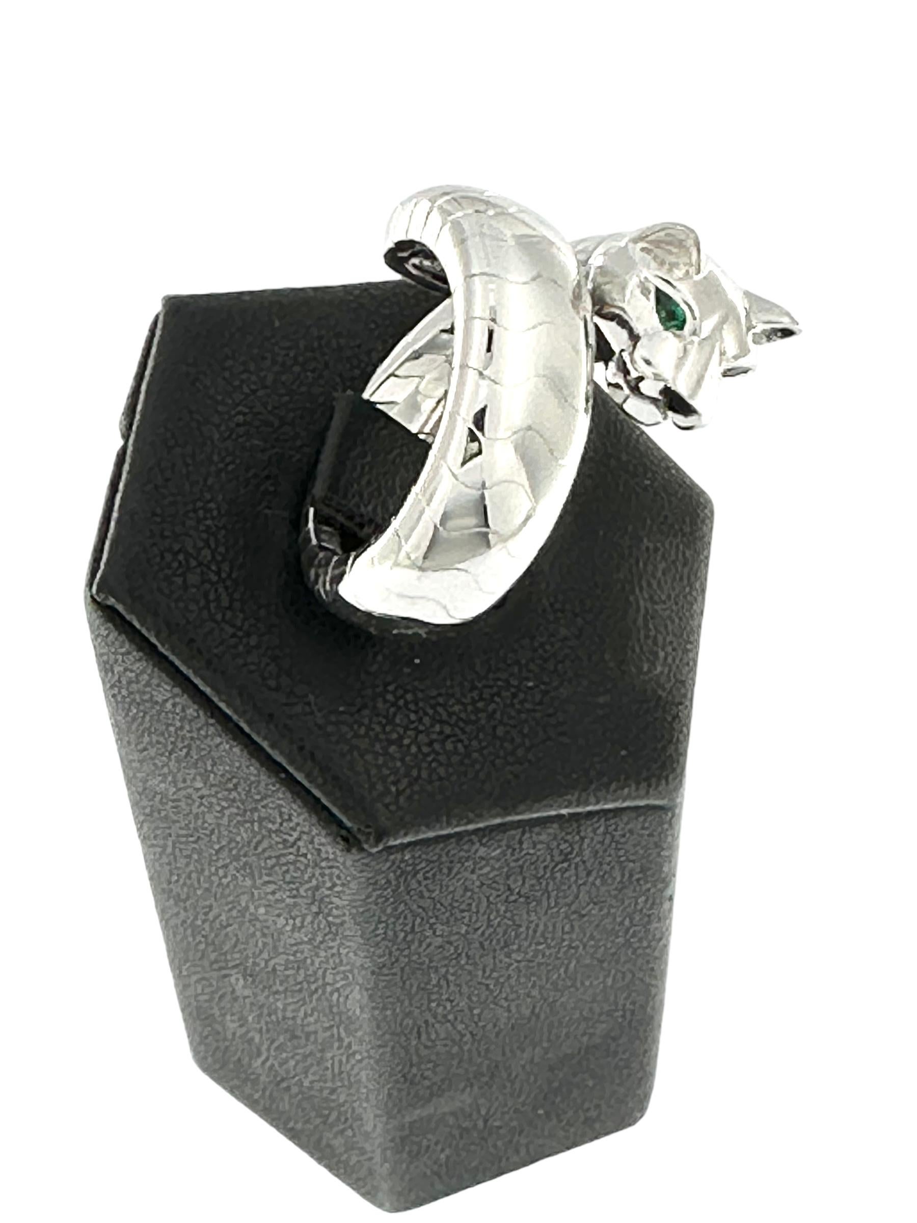 Modern Cartier White Gold Panthere Lakarda Ring Emeralds and Onyx For Sale