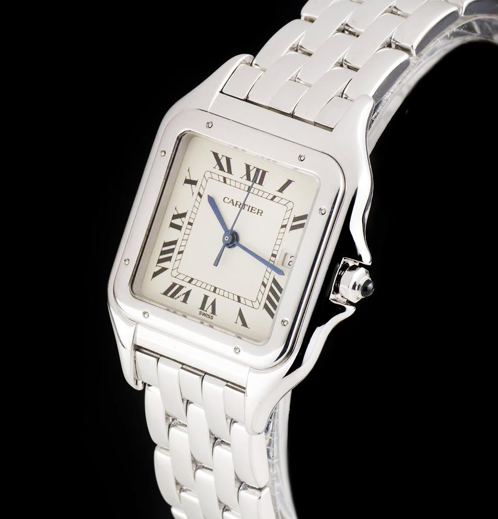 A Rare Large Size 18k White Gold Panthere Gents Wristwatch, silvered dial with roman numerals and a secret signature at 