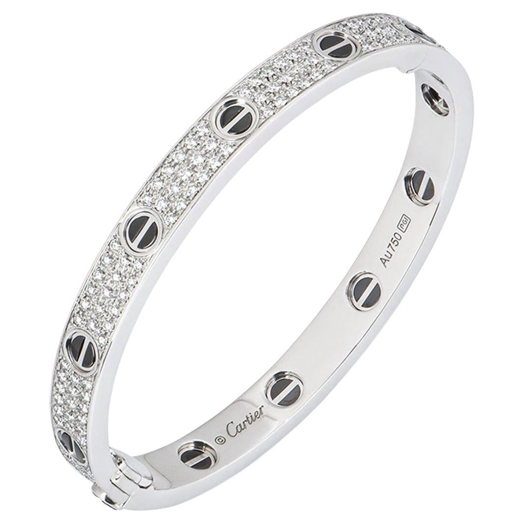 Cartier White Gold Pave Diamond & Ceramic Love Bracelet Size 21 N6032421 For Sale