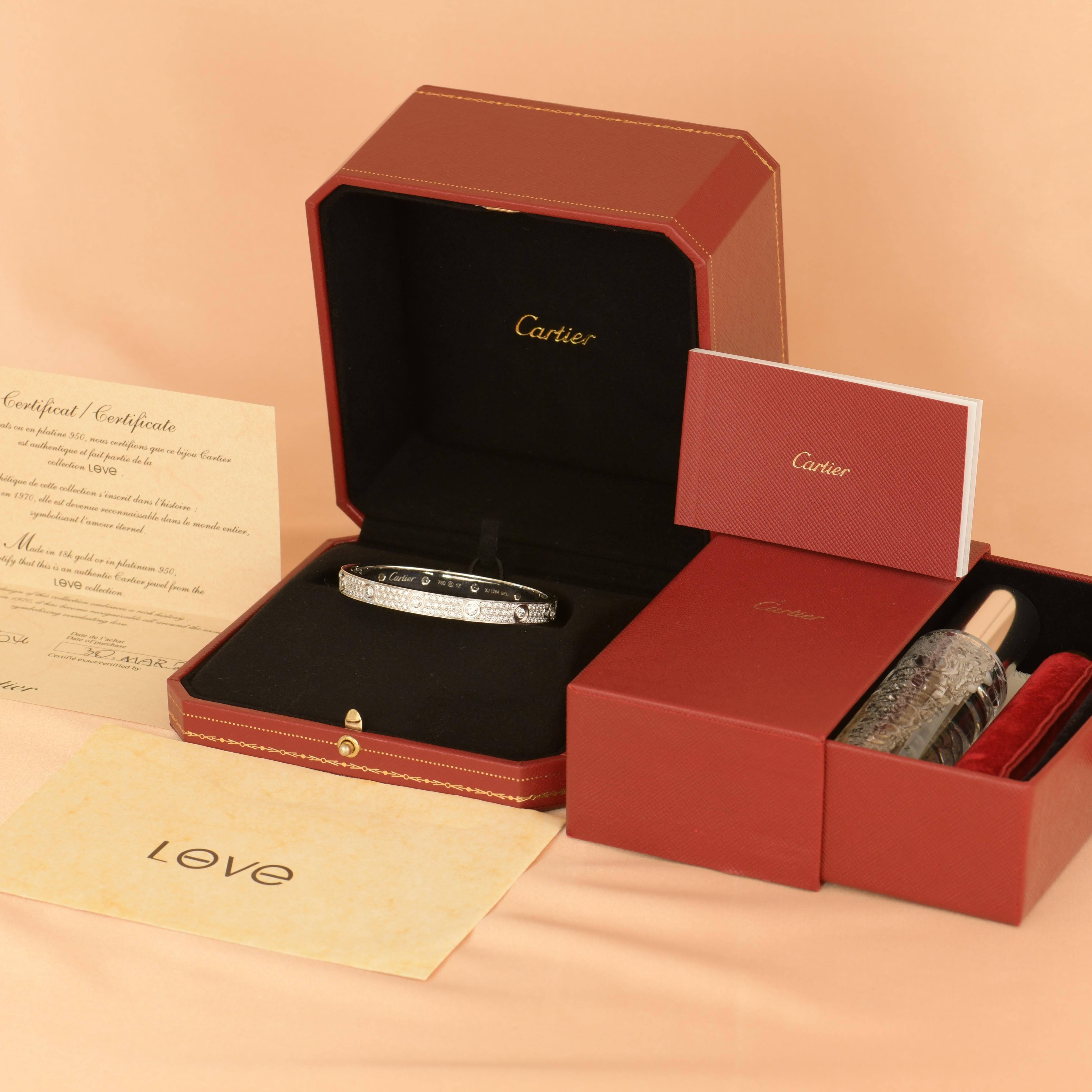Brilliant Cut Cartier White Gold Pave Diamond Love Bracelet Size 17 For Sale