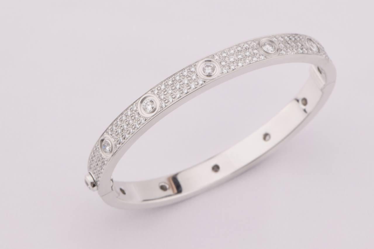 Cartier White Gold Pave Diamond Love Bracelet Size 17 In Excellent Condition For Sale In Banbury, GB