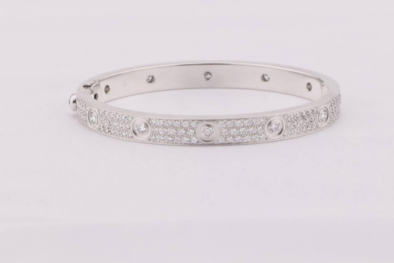 Cartier White Gold Pave Diamond Love Bracelet Size 17 For Sale 2