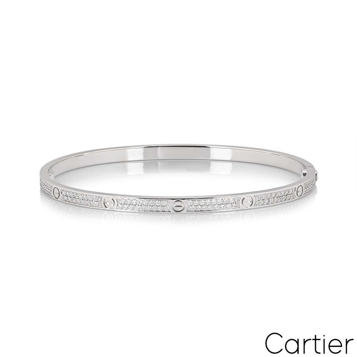 Round Cut Cartier White Gold Pave Diamond SM Love Bracelet Size 19 N6710819 For Sale