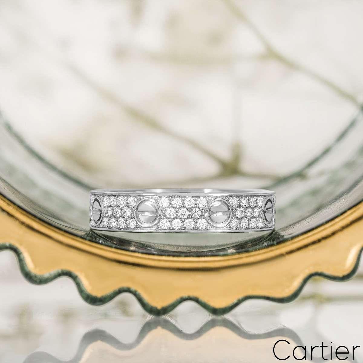 Cartier White Gold Pave Diamond Wedding Love Ring Size 54 B4083400 In Excellent Condition For Sale In London, GB