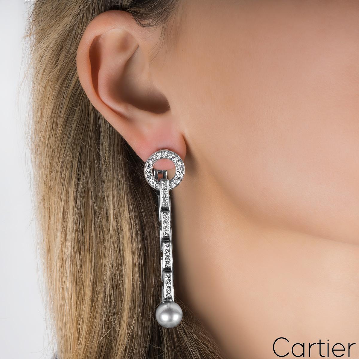 Round Cut Cartier White Gold Pearl & Diamond Agrafe Earrings