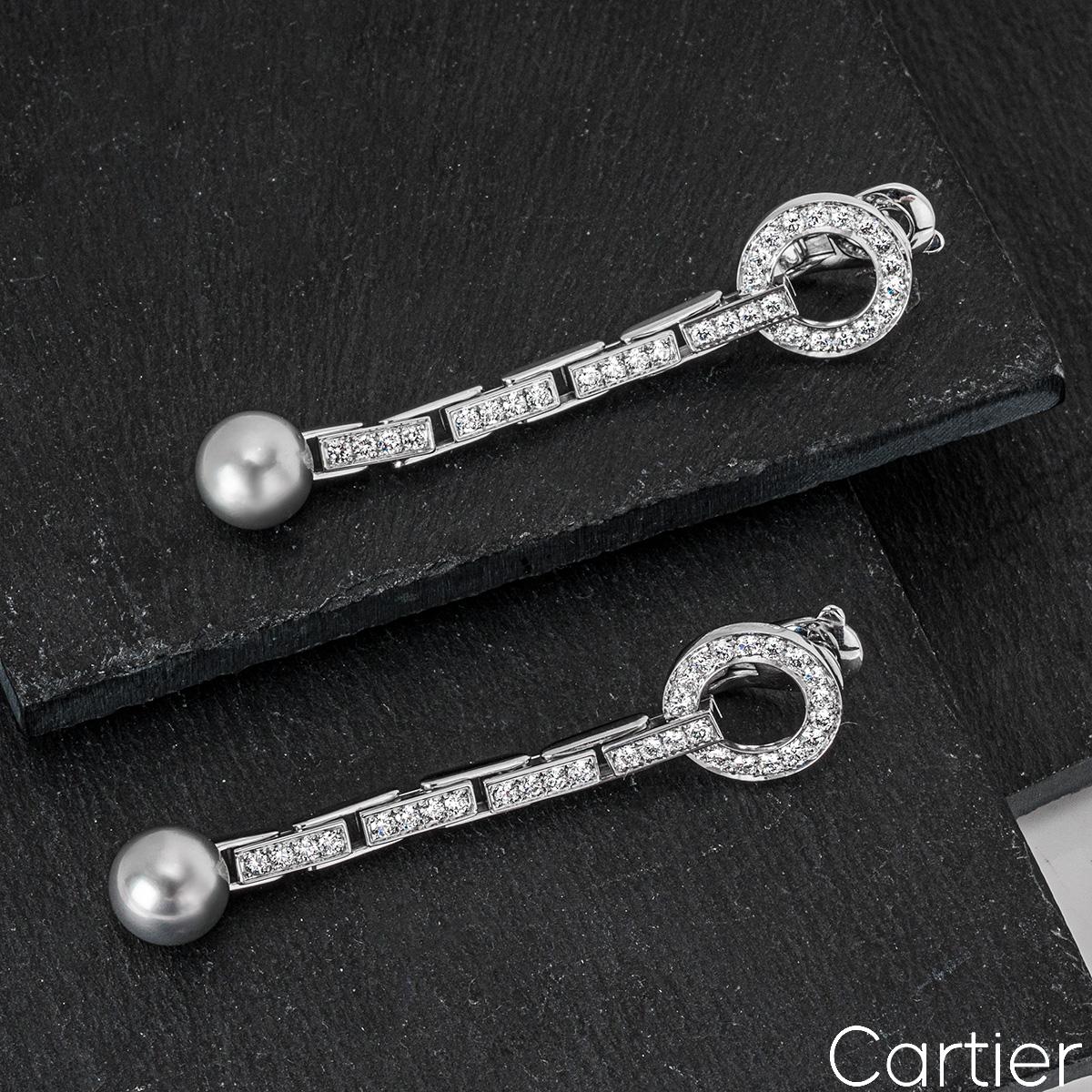 Women's or Men's Cartier White Gold Pearl & Diamond Agrafe Earrings